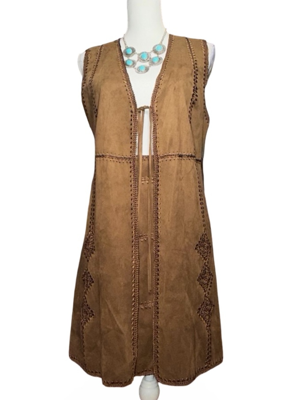 Zara Woman‎ Faux Suede Boho Embroidered Vest & Mini Skirt Set, S